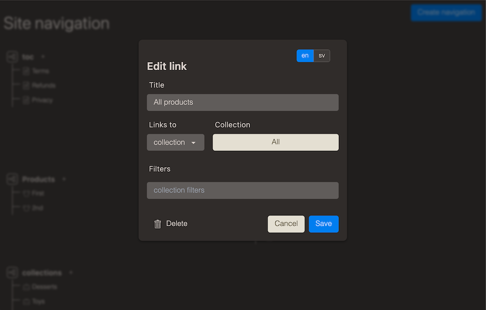 View of edit link dialog with language tabs